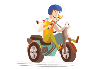 卡通骑摩托车的快乐父子