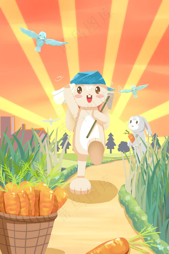 劳动节日落而归的小兔子