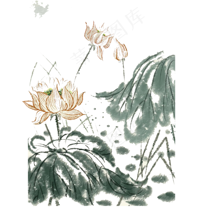水墨淡雅清丽荷花荷塘莲花PNG年俗,免抠元素