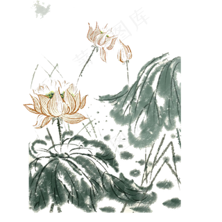 水墨淡雅清丽荷花荷塘莲花PNG年俗,免抠元素