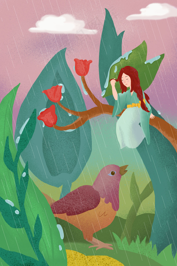 绿色系春天小清新女孩雨季郊外风景