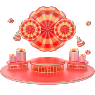 C4D红色新年中国风喜庆舞台电商,免抠元素