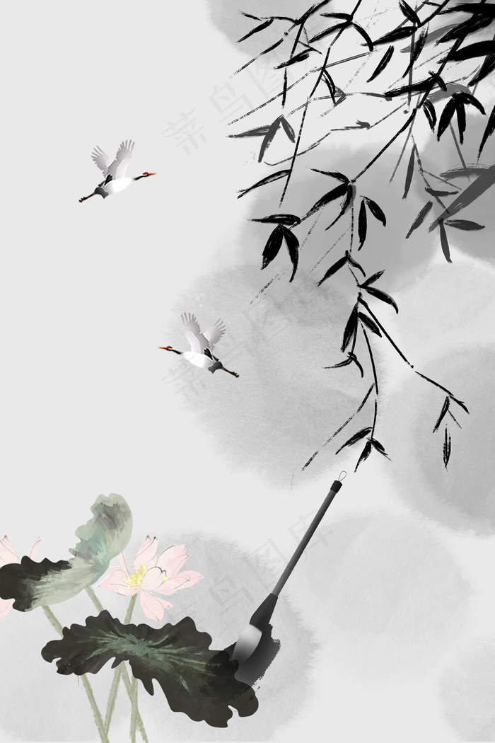 竹子荷花水墨飞鸟毛笔背景