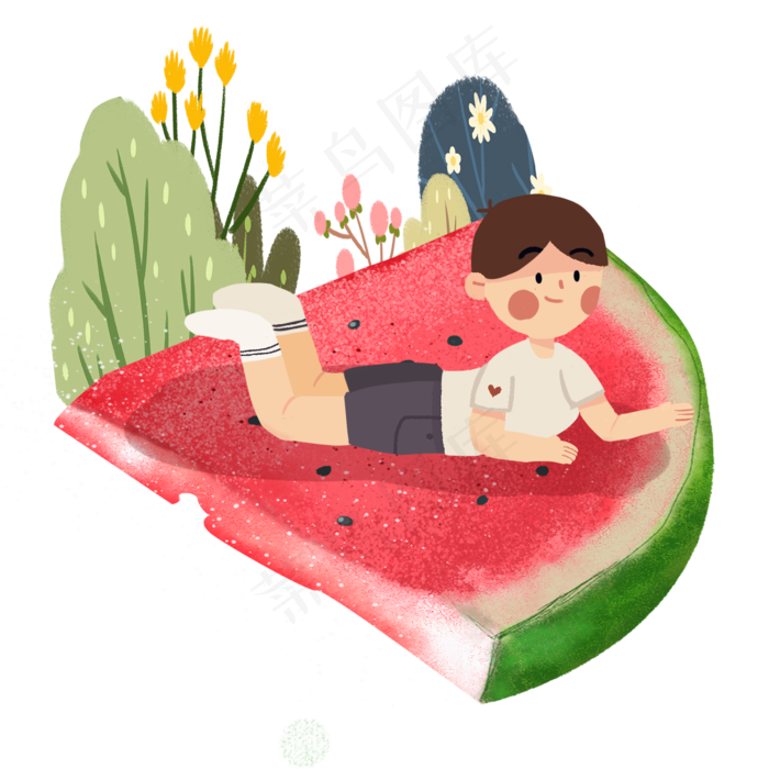 大暑小男孩趴在西瓜上PN素材