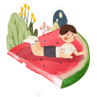 大暑小男孩趴在西瓜上PN素材