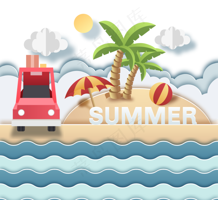简约清新夏日沙滩旅行剪纸