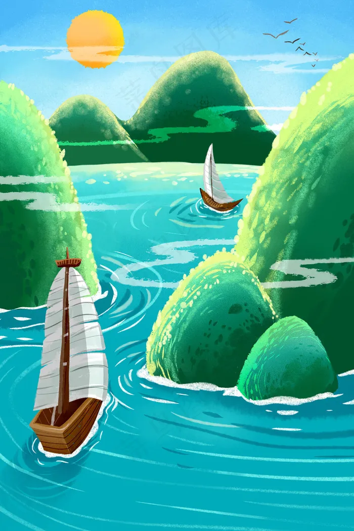 蓝色系卡通手绘风小暑河流山川配图(3545*5315px 300 dpi )psd模版下载