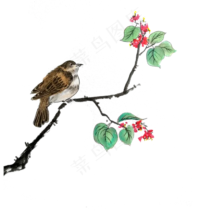春天红花雀鸟花鸟国画水墨PNG,免抠元素(4000*4000px 300 dpi )psd模版下载