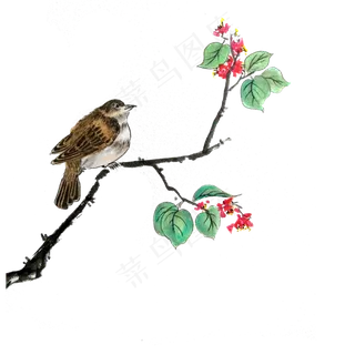 春天红花雀鸟花鸟国画水墨PNG,免抠元素