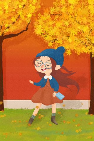 女孩在校园一角拍秋色