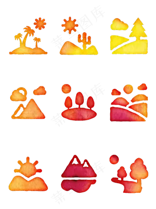 6款手绘水粉水彩山水风景元素