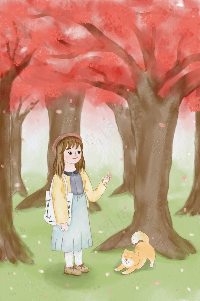 春分郊游踏青赏樱花插画