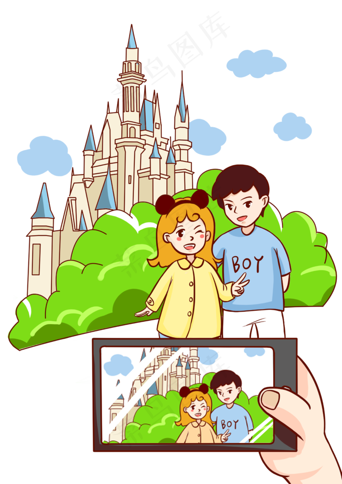 景点旅游打卡教堂自拍人物插画,免抠元素