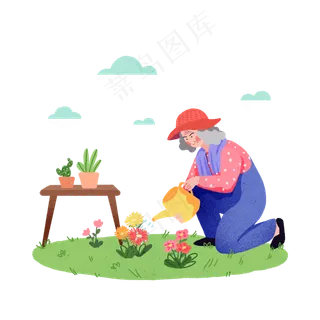 重阳节老人浇菊花绿色系卡通手绘
