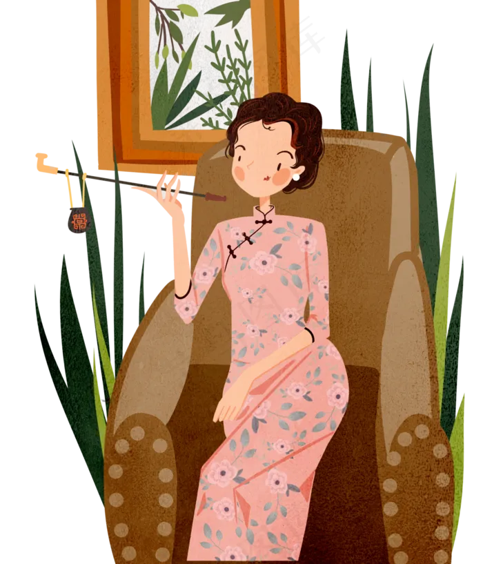 复古民国旗袍美女旱烟,免抠元素
