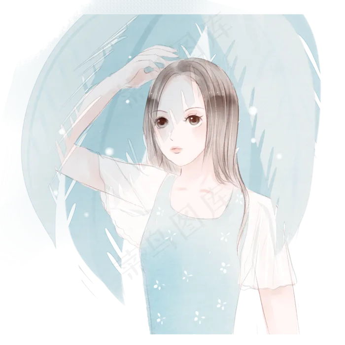 夏天日系乘凉叶子清凉卡通手绘女(3000X3000(DPI:300))psd模版下载