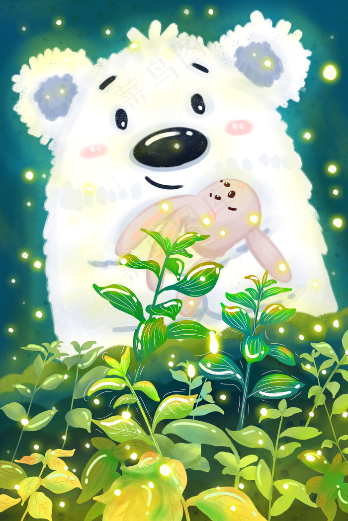 二十四节气季节熊兔子北极熊夏夜树丛(3545*5315px 300 dpi )psd模版下载