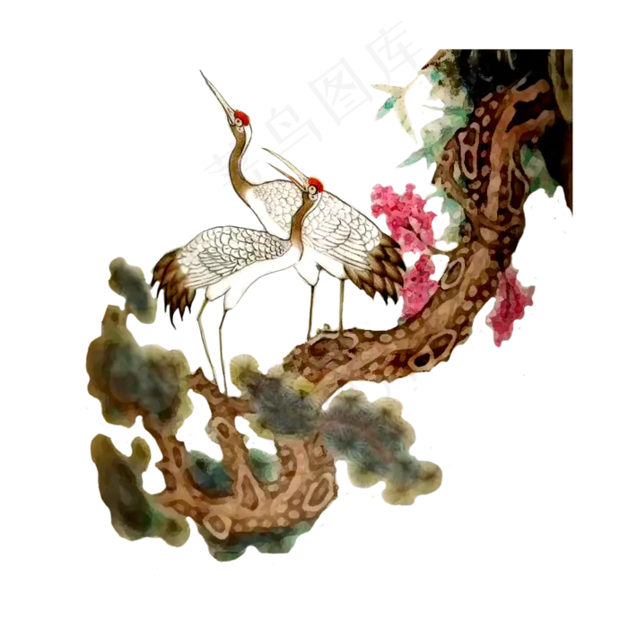 国画写意桃花仙鹤PNG花鸟,免抠元素(2000*2000px 300 dpi )psd模版下载