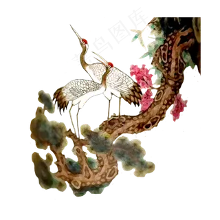 国画写意桃花仙鹤PNG花鸟,免抠元素