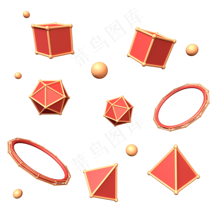 C4D红金色立体三角形宝石不规则图,免抠元素(2000*2000px)