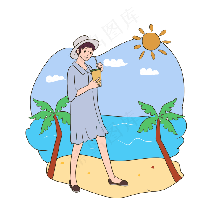 夏天在沙滩上玩耍的女孩(3000X3000(DPI:300))psd模版下载