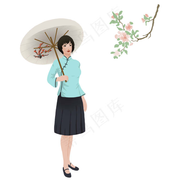 手绘打伞的民国女学生元素(2000X2000(DPI:300))psd模版下载