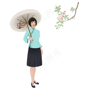 手绘打伞的民国女学生元素