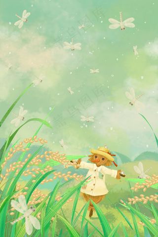 小满芒种绿色肌理稻草人水稻