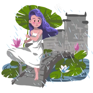 夏季下雨荷花池塘的女孩