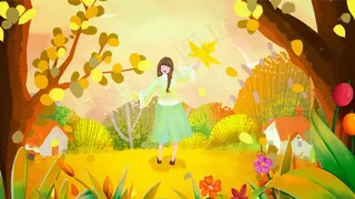 立秋秋分秋天四季黄色扁平女孩落叶