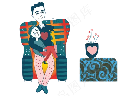 卡通抱着儿子坐在沙发车的父亲