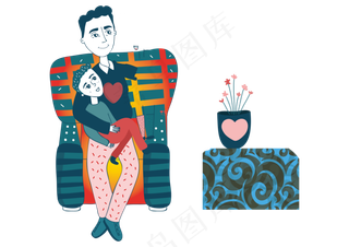 卡通抱着儿子坐在沙发车的父亲