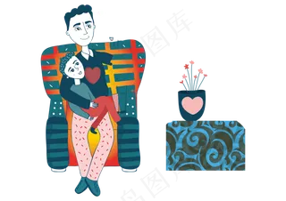 卡通抱着儿子坐在沙发车的父亲