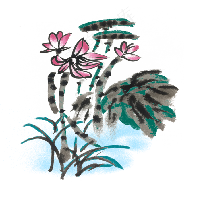 夏天水墨风荷花荷叶手绘插画