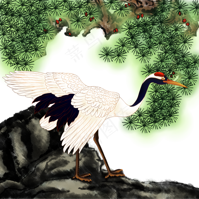 中国风手绘仙鹤可商用插画素材,免抠元素