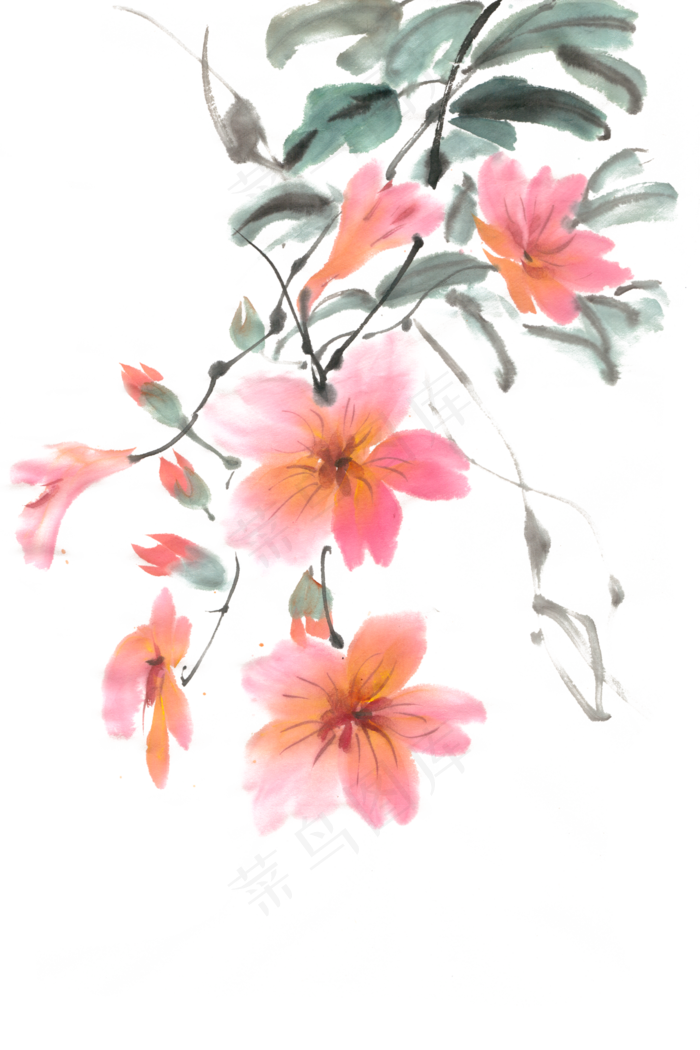 喇叭花水墨画PNG免抠素材