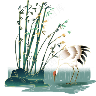 国潮中国风竹林仙鹤,免抠元素