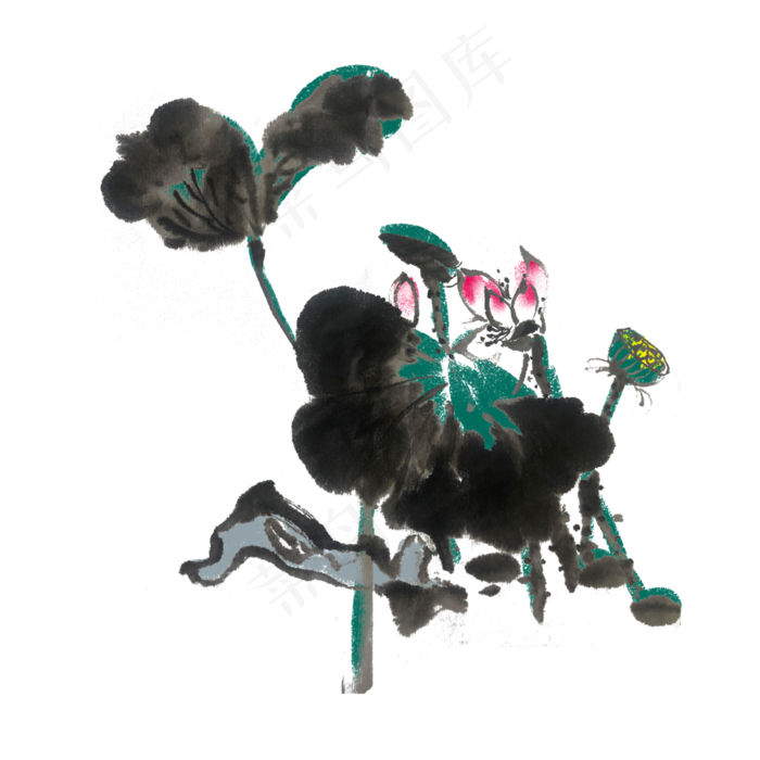夏季荷花水墨手绘(4000X4000(DPI:300))psd模版下载