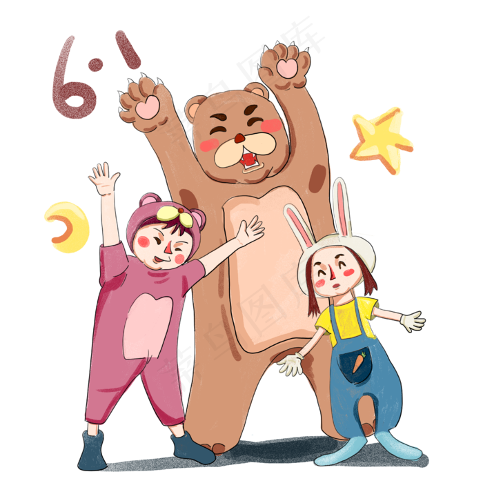 六一儿童节玩偶服欢乐合照,免抠元素(4000*4000px 300 dpi )psd模版下载