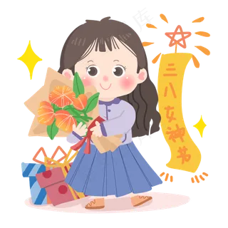 女神节卡通女生收到花束PNG素材