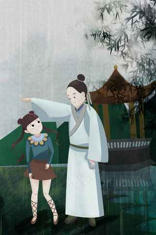 谷雨清明节雨中风景人物二十四节气山水雨季