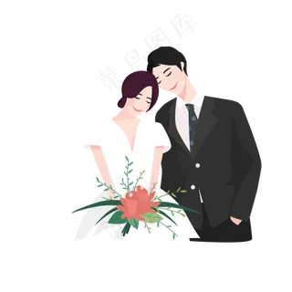 头靠头手拿花束的新娘和新郎卡通