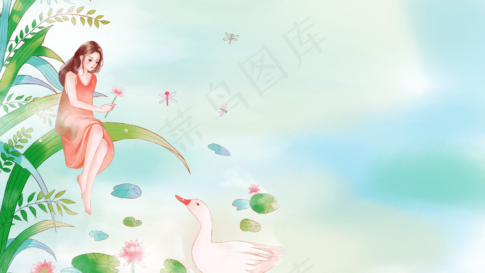 夏日荷花池中的少女和鹅