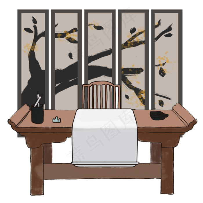 复古古代中国水墨风书桌屏风,免抠元素