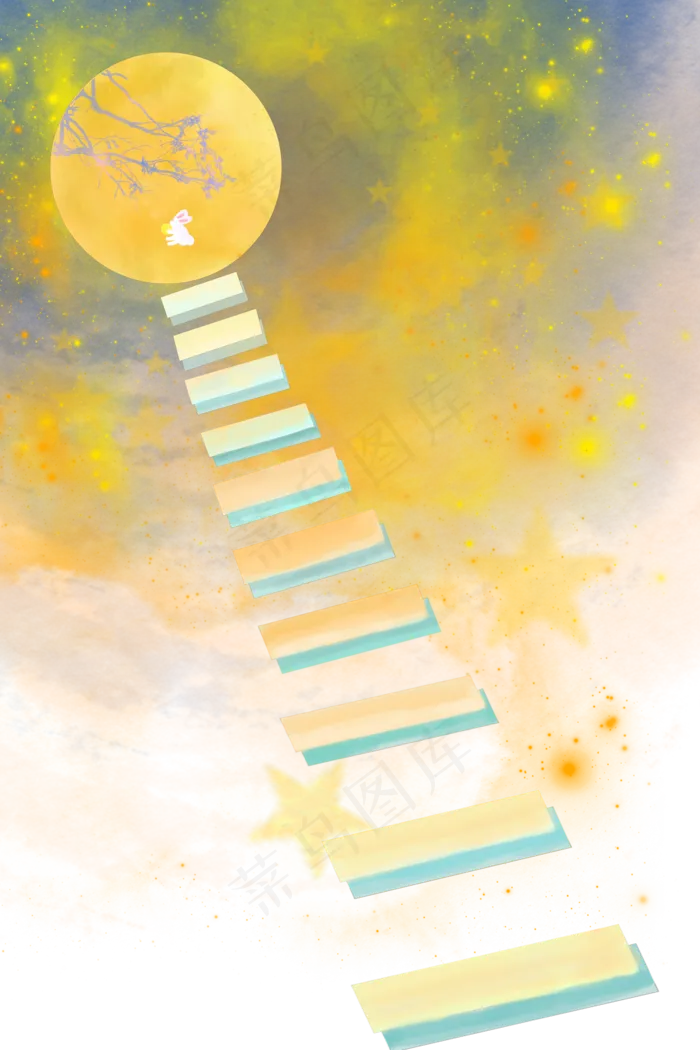 梦幻水墨水彩登月的天梯星空手绘(2000X3000(DPI:300))psd模版下载
