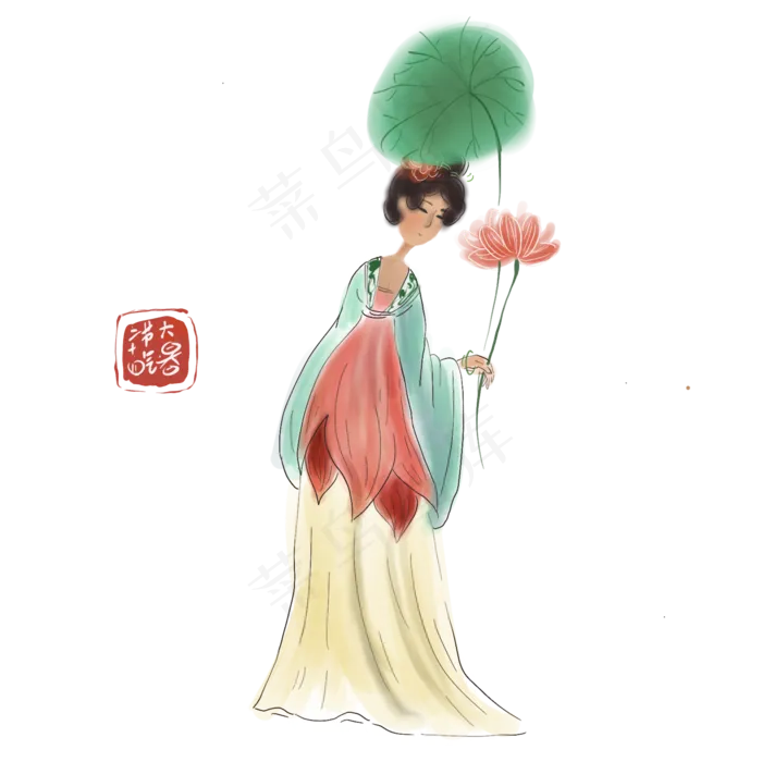 二十四节气大暑水墨仕女,免抠元素