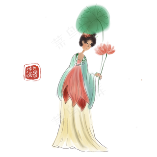 二十四节气大暑水墨仕女,免抠元素