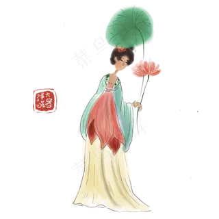二十四节气大暑水墨仕女,免抠元素