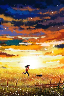 夏日女孩跑步彩色云朵夕阳下