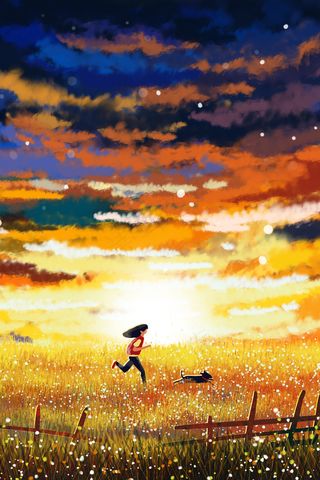 夏日女孩跑步彩色云朵夕阳下